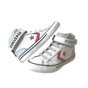 Converse All Star Kids Youth Sz 12 White/Red Leather Sneaker Lace Up Hi Top Shoe